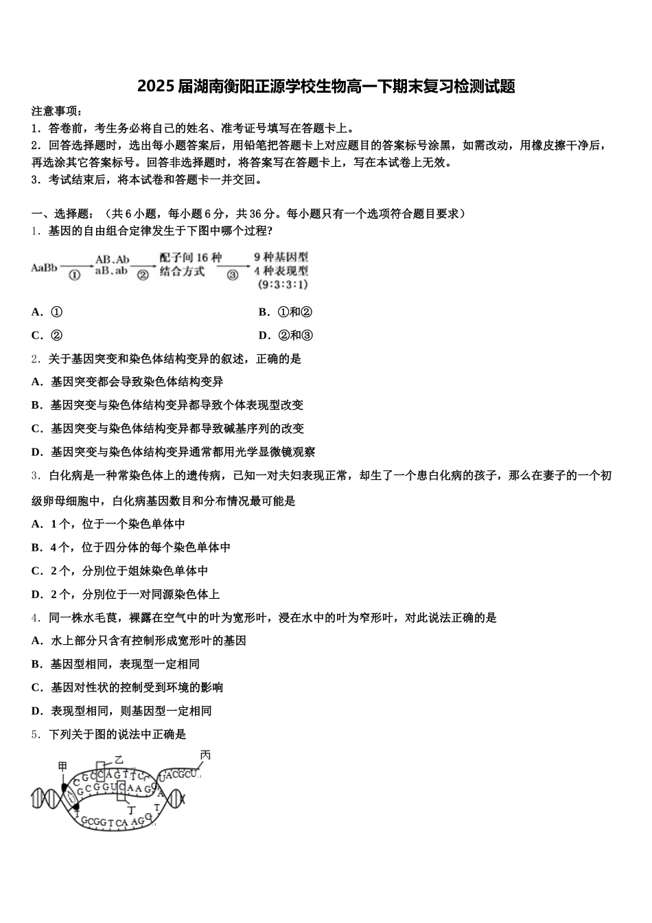 2025届湖南衡阳正源学校生物高一下期末复习检测试题含解析_第1页