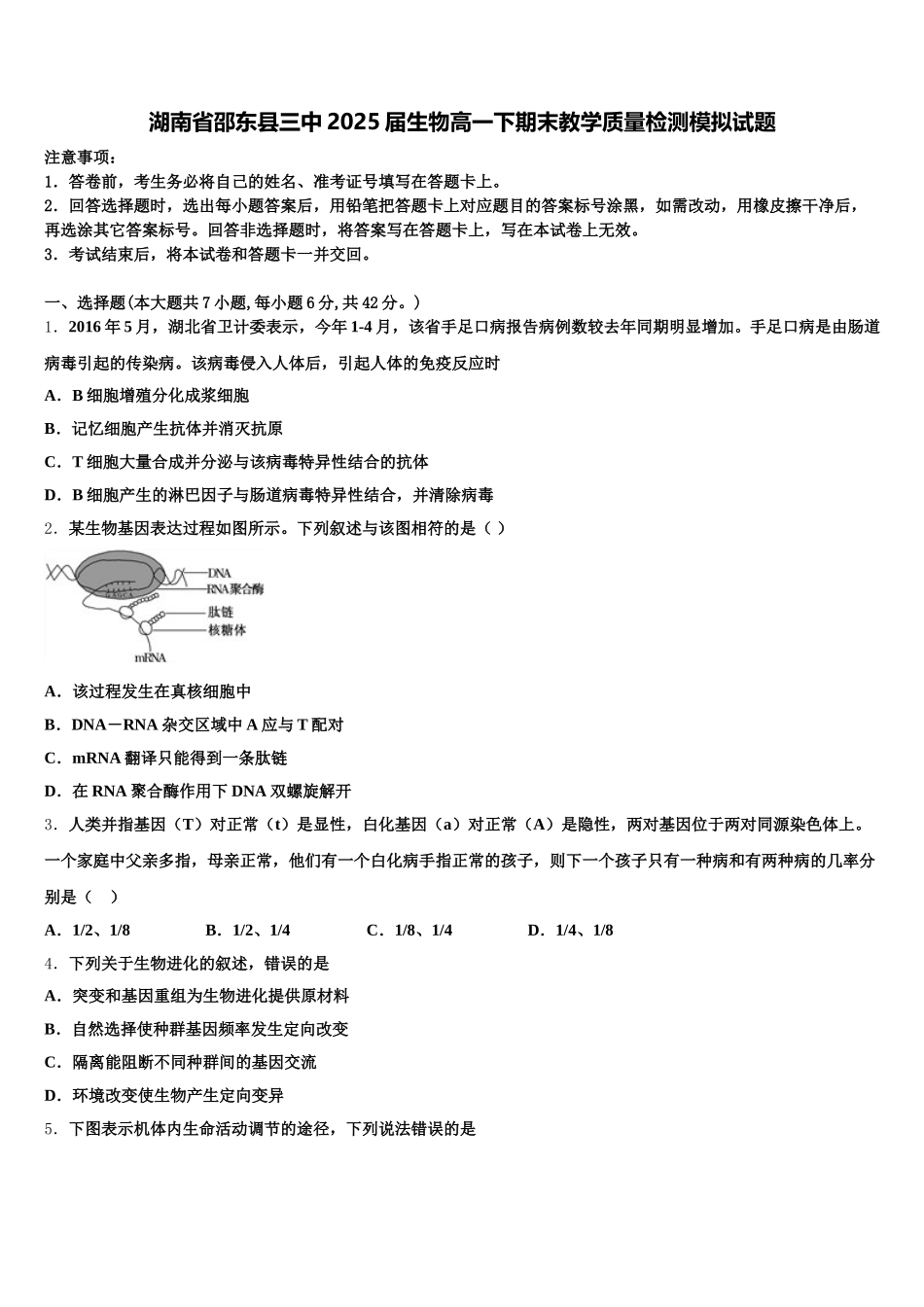 湖南省邵东县三中2025届生物高一下期末教学质量检测模拟试题含解析_第1页