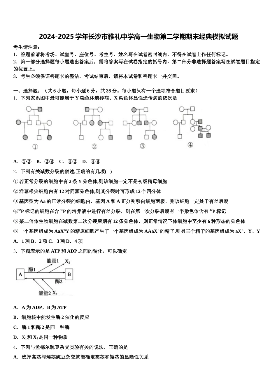 2024-2025学年长沙市雅礼中学高一生物第二学期期末经典模拟试题含解析_第1页