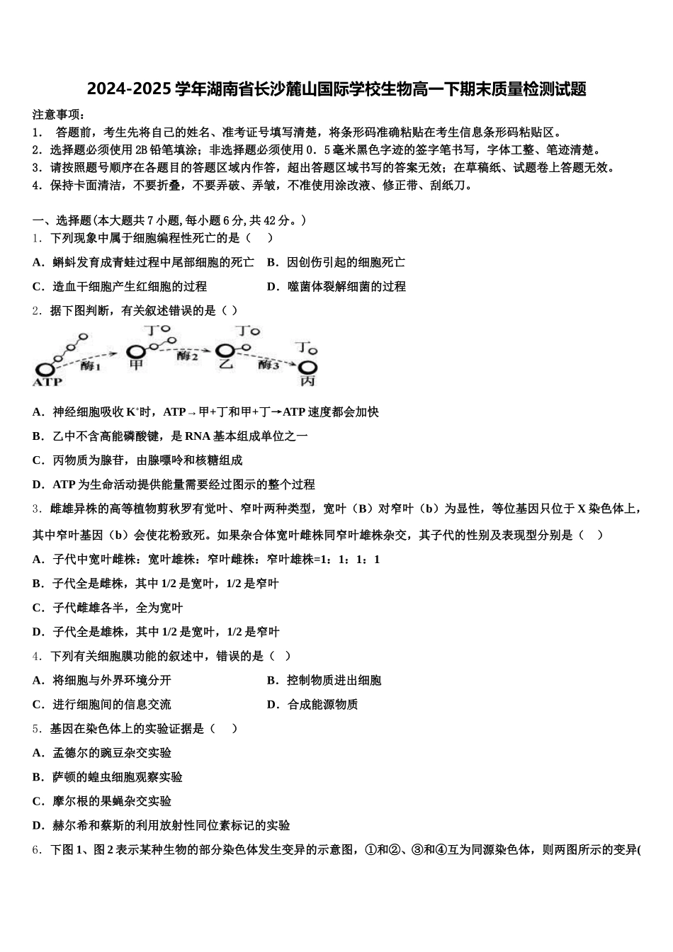 2024-2025学年湖南省长沙麓山国际学校生物高一下期末质量检测试题含解析_第1页