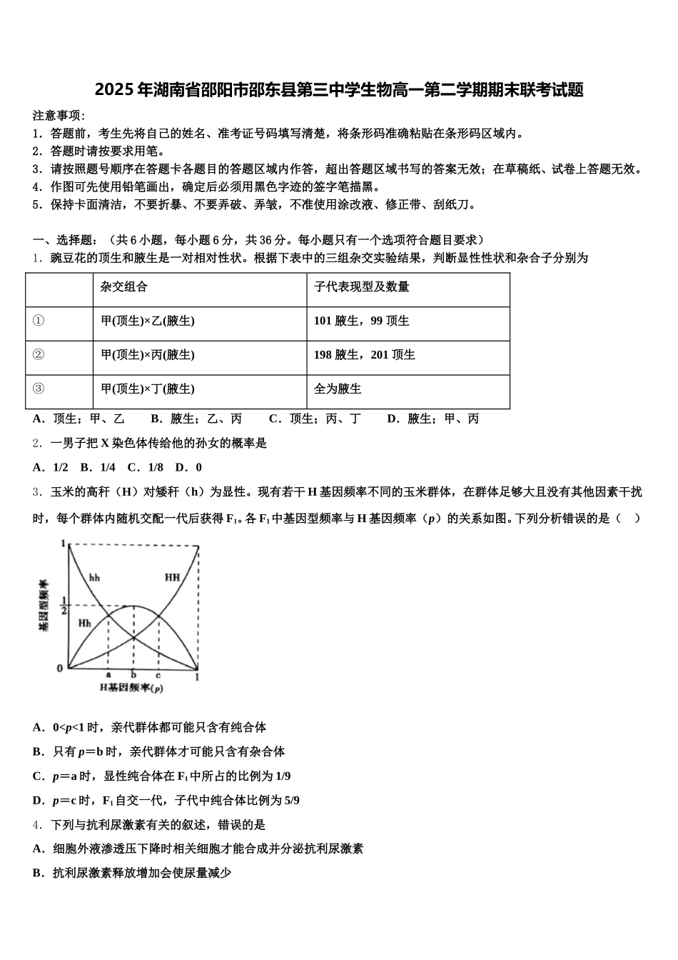 2025年湖南省邵阳市邵东县第三中学生物高一第二学期期末联考试题含解析_第1页