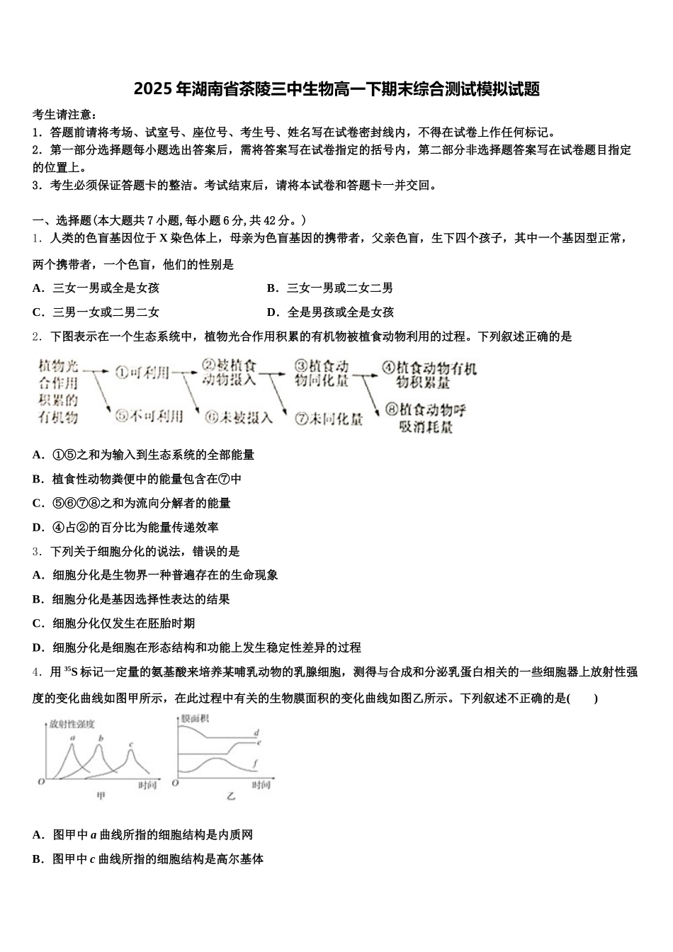 2025年湖南省茶陵三中生物高一下期末综合测试模拟试题含解析_第1页