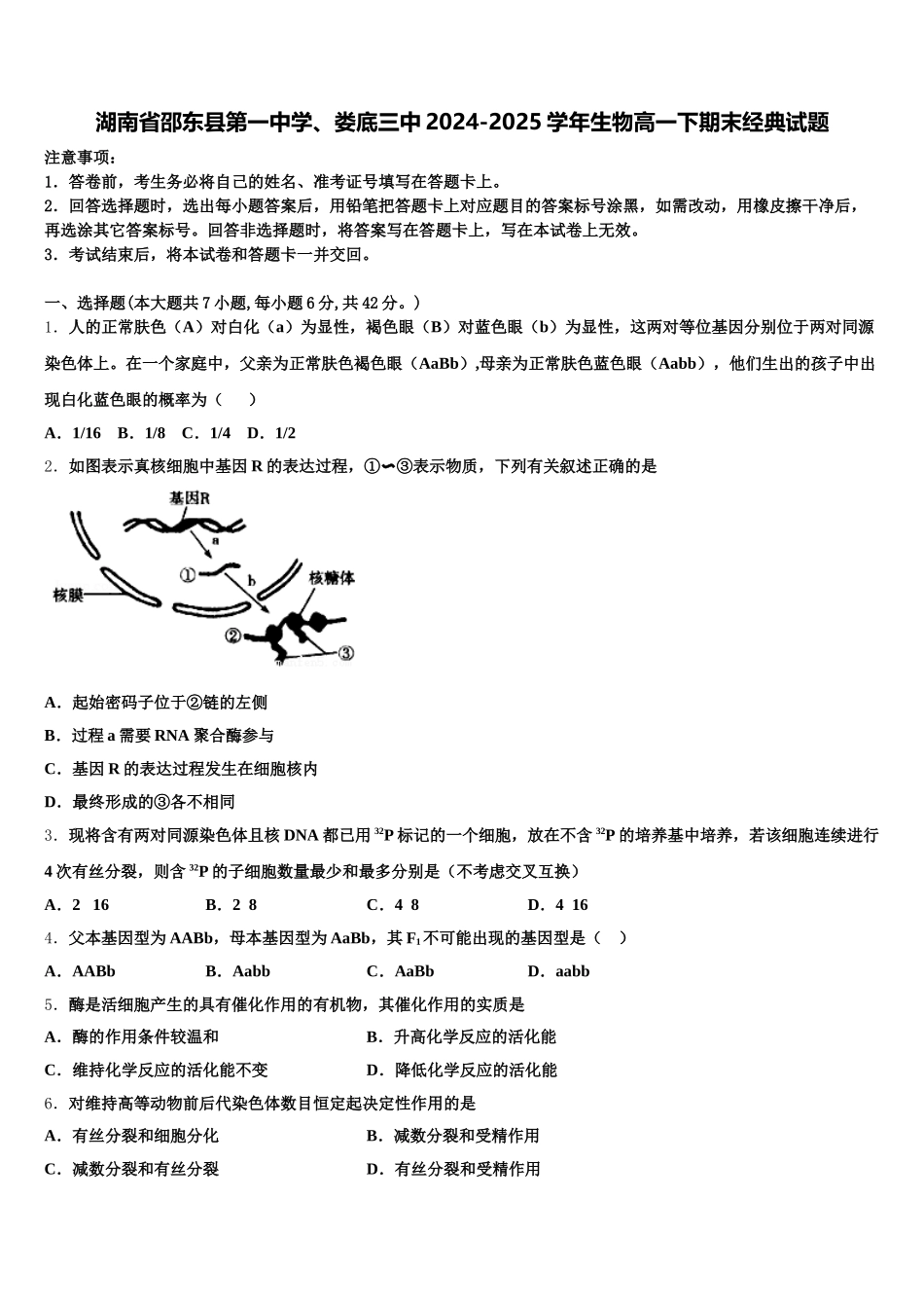 湖南省邵东县第一中学、娄底三中2024-2025学年生物高一下期末经典试题含解析_第1页