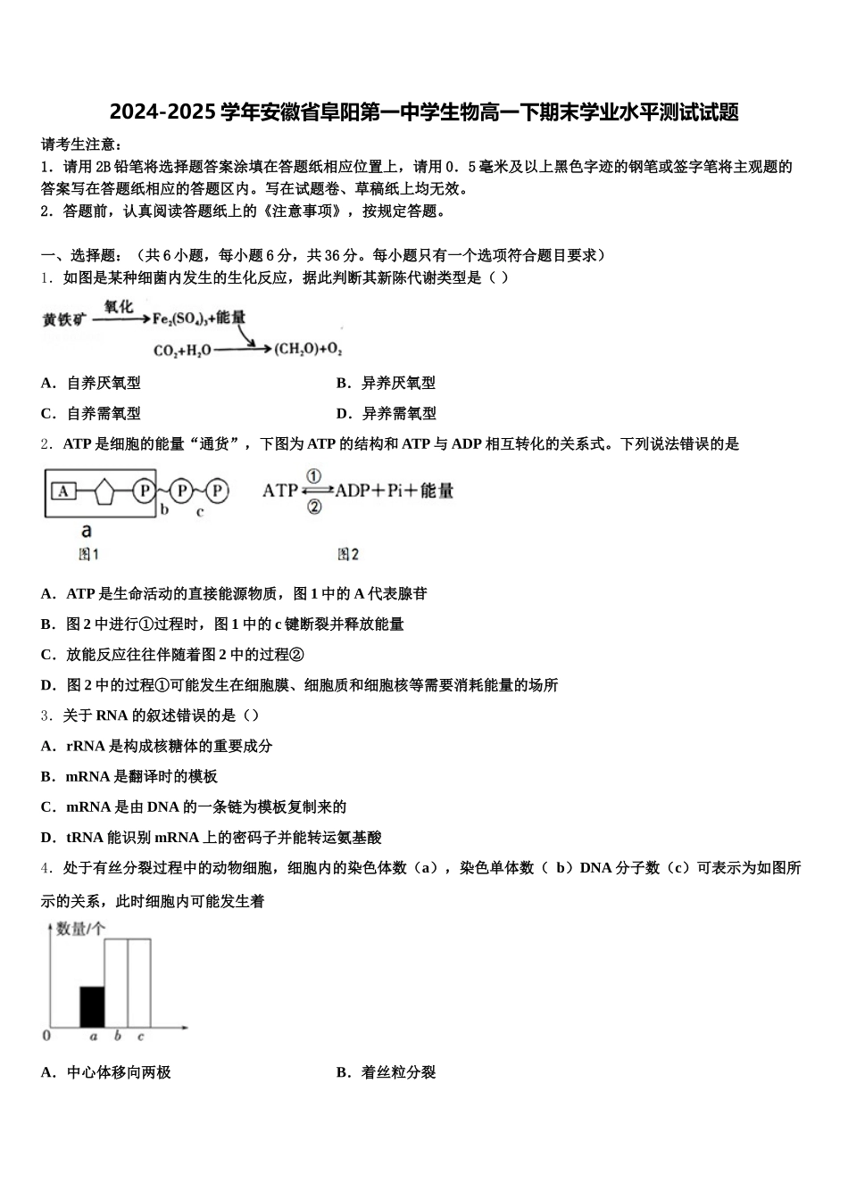 2024-2025学年安徽省阜阳第一中学生物高一下期末学业水平测试试题含解析_第1页