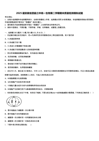 2025届安徽省泗县三中高一生物第二学期期末质量检测模拟试题含解析
