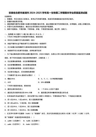 安徽省合肥市巢湖市2024-2025学年高一生物第二学期期末学业质量监测试题含解析