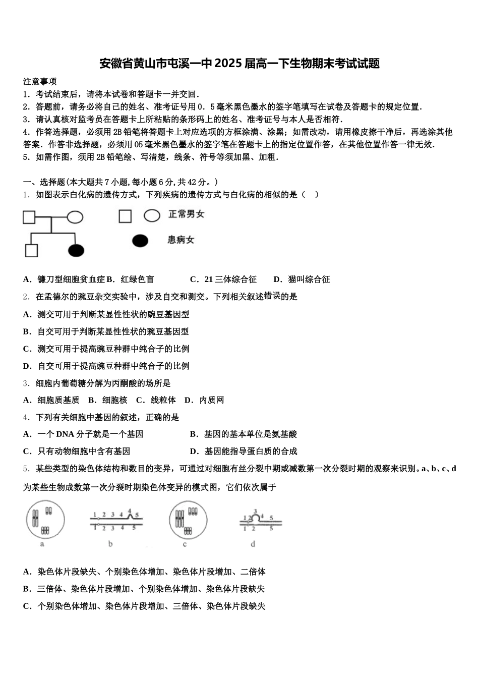 安徽省黄山市屯溪一中2025届高一下生物期末考试试题含解析_第1页