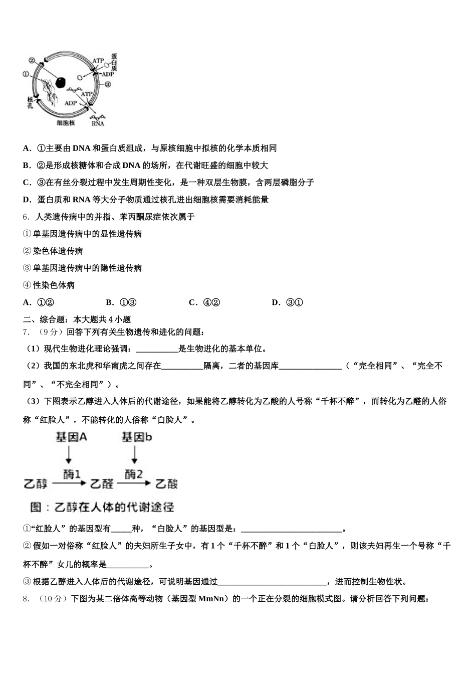 安徽池州市青阳县第一中学2025届生物高一下期末学业质量监测模拟试题含解析_第2页