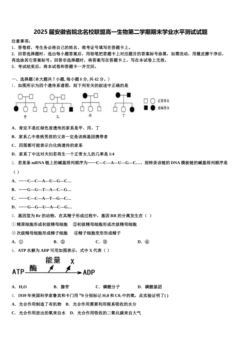 2025届安徽省皖北名校联盟高一生物第二学期期末学业水平测试试题含解析_第1页