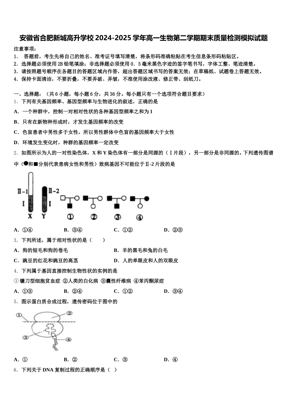 安徽省合肥新城高升学校2024-2025学年高一生物第二学期期末质量检测模拟试题含解析_第1页