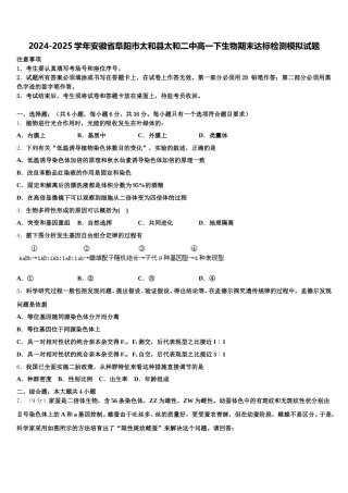 2024-2025学年安徽省阜阳市太和县太和二中高一下生物期末达标检测模拟试题含解析