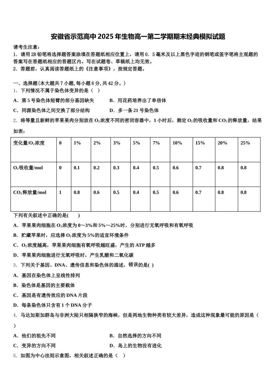 安徽省示范高中2025年生物高一第二学期期末经典模拟试题含解析_第1页