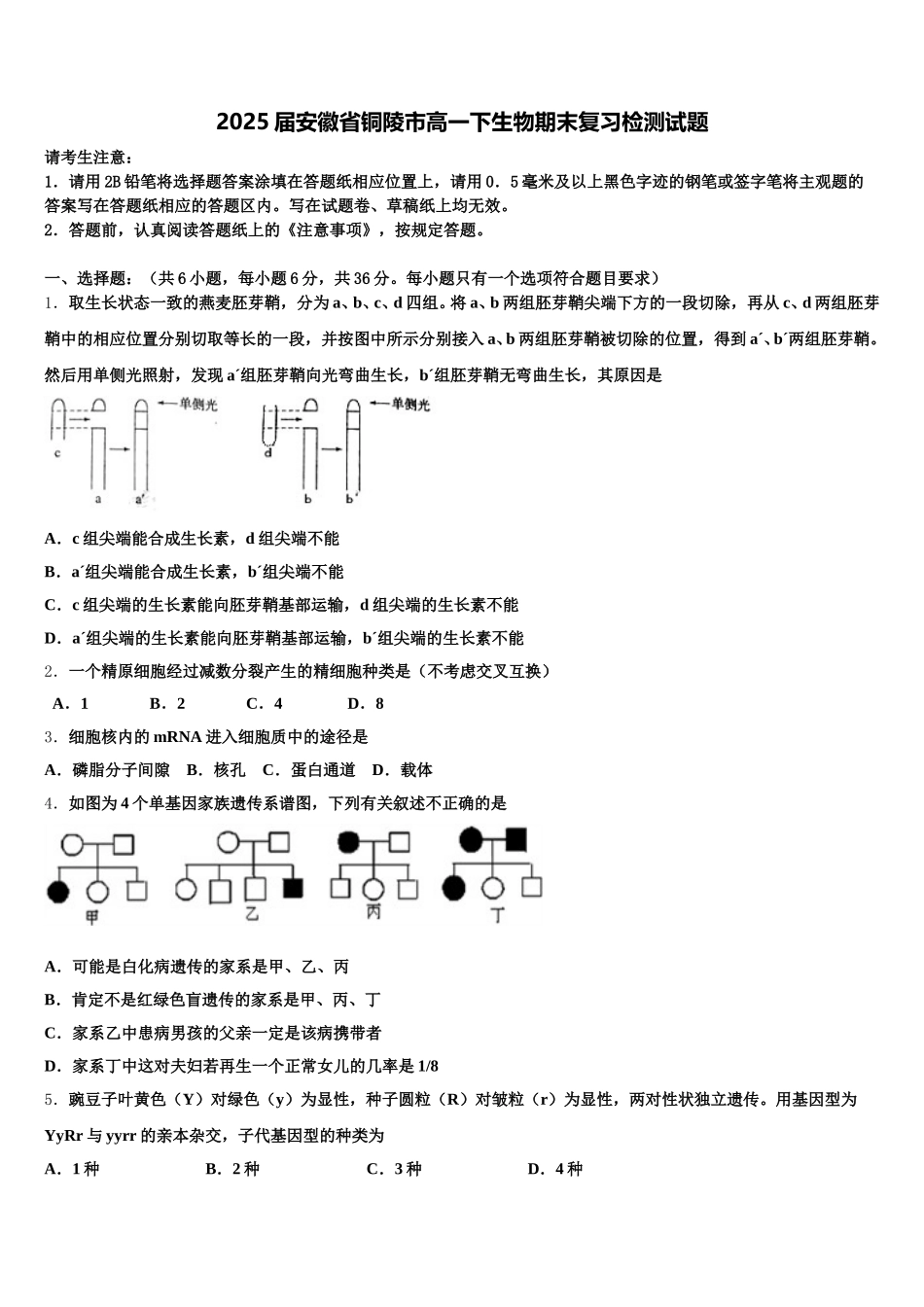 2025届安徽省铜陵市高一下生物期末复习检测试题含解析_第1页