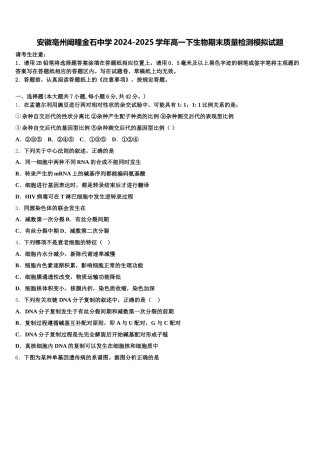 安徽亳州阚疃金石中学2024-2025学年高一下生物期末质量检测模拟试题含解析