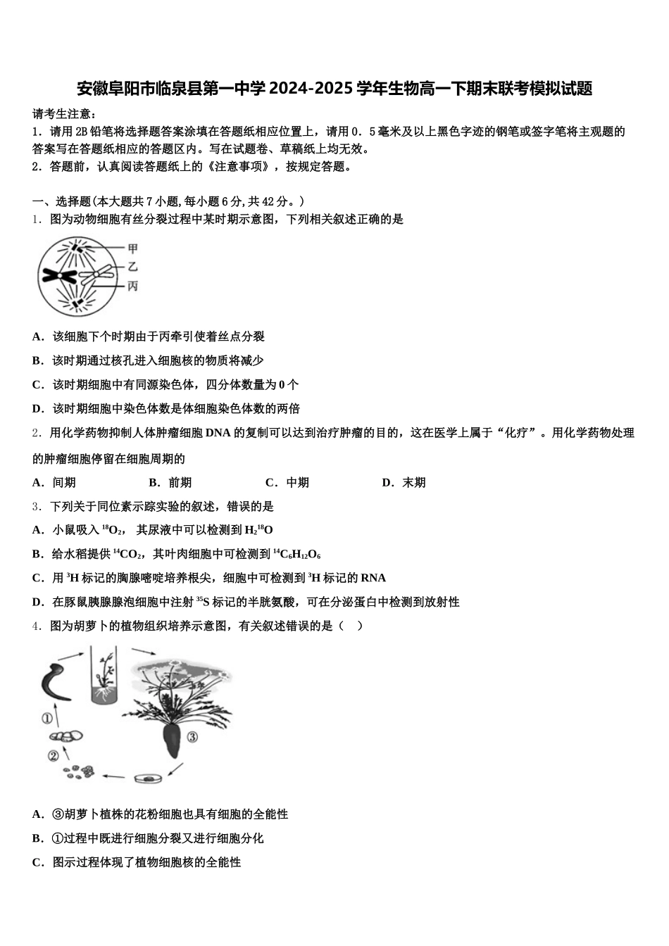 安徽阜阳市临泉县第一中学2024-2025学年生物高一下期末联考模拟试题含解析_第1页