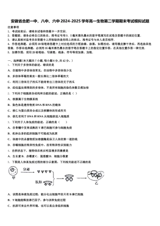 安徽省合肥一中，八中、六中2024-2025学年高一生物第二学期期末考试模拟试题含解析