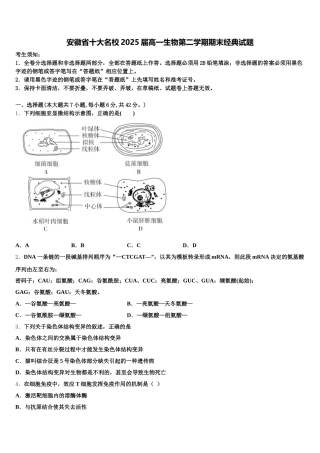 安徽省十大名校2025届高一生物第二学期期末经典试题含解析