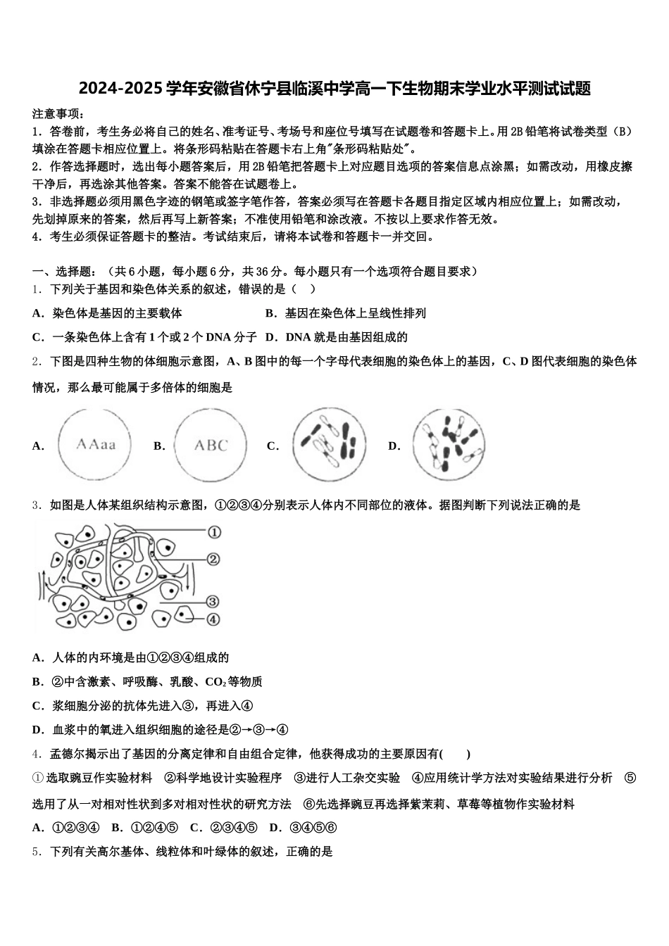 2024-2025学年安徽省休宁县临溪中学高一下生物期末学业水平测试试题含解析_第1页