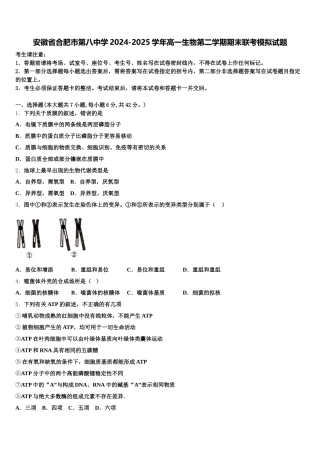 安徽省合肥市第八中学2024-2025学年高一生物第二学期期末联考模拟试题含解析