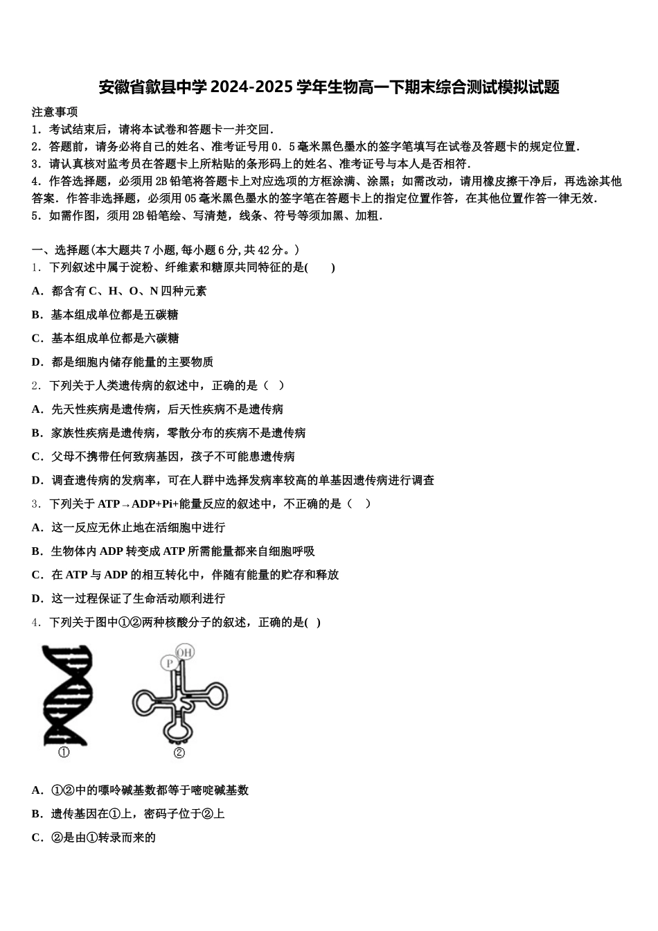 安徽省歙县中学2024-2025学年生物高一下期末综合测试模拟试题含解析_第1页