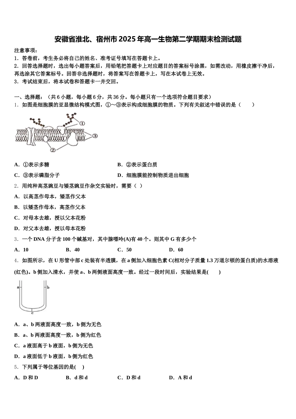 安徽省淮北、宿州市2025年高一生物第二学期期末检测试题含解析_第1页