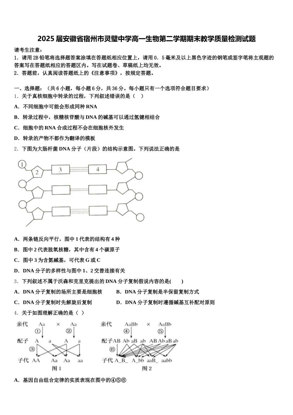 2025届安徽省宿州市灵璧中学高一生物第二学期期末教学质量检测试题含解析_第1页