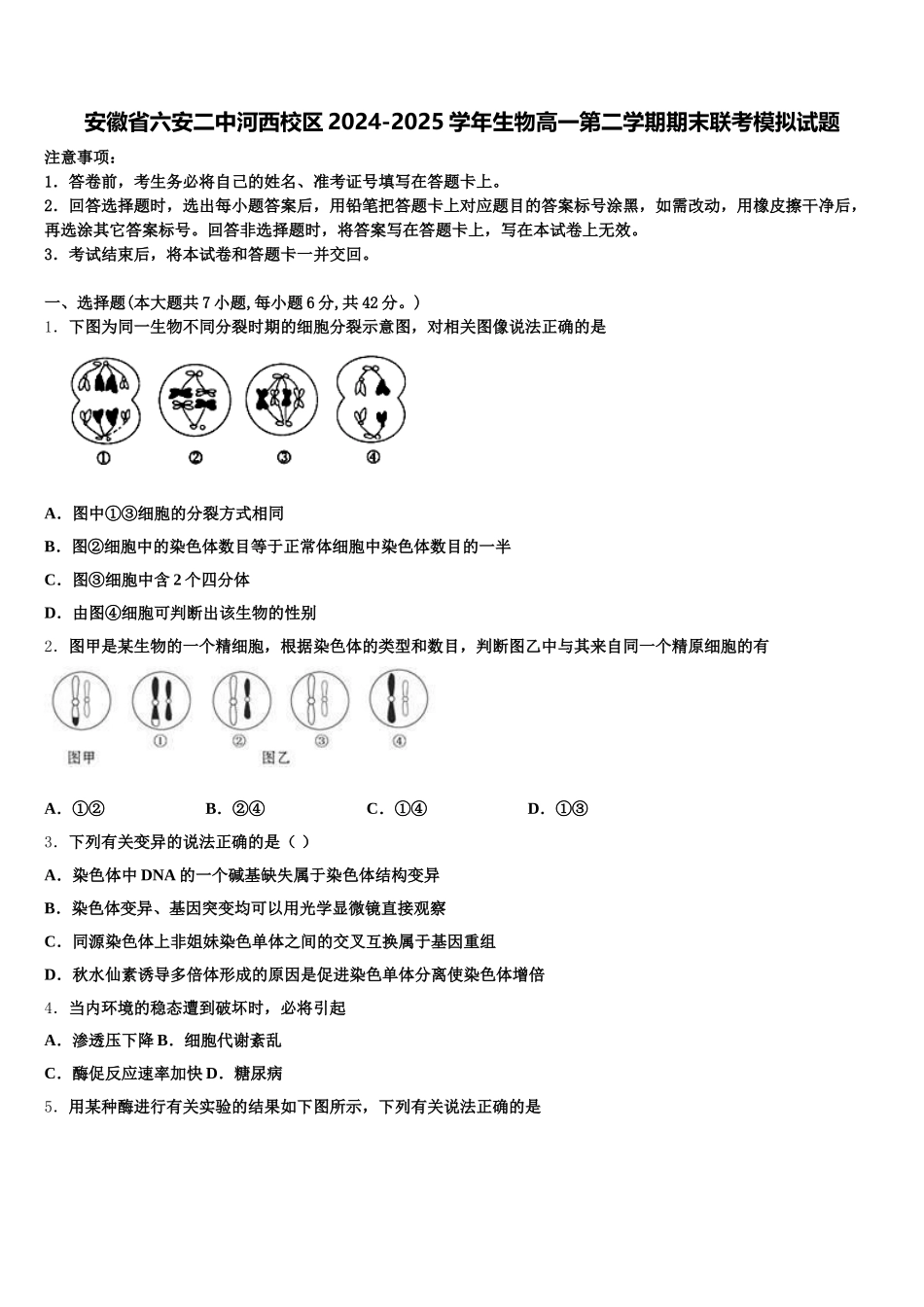 安徽省六安二中河西校区2024-2025学年生物高一第二学期期末联考模拟试题含解析_第1页