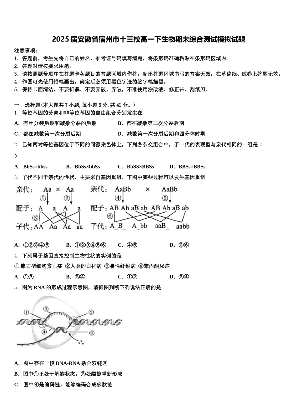 2025届安徽省宿州市十三校高一下生物期末综合测试模拟试题含解析_第1页