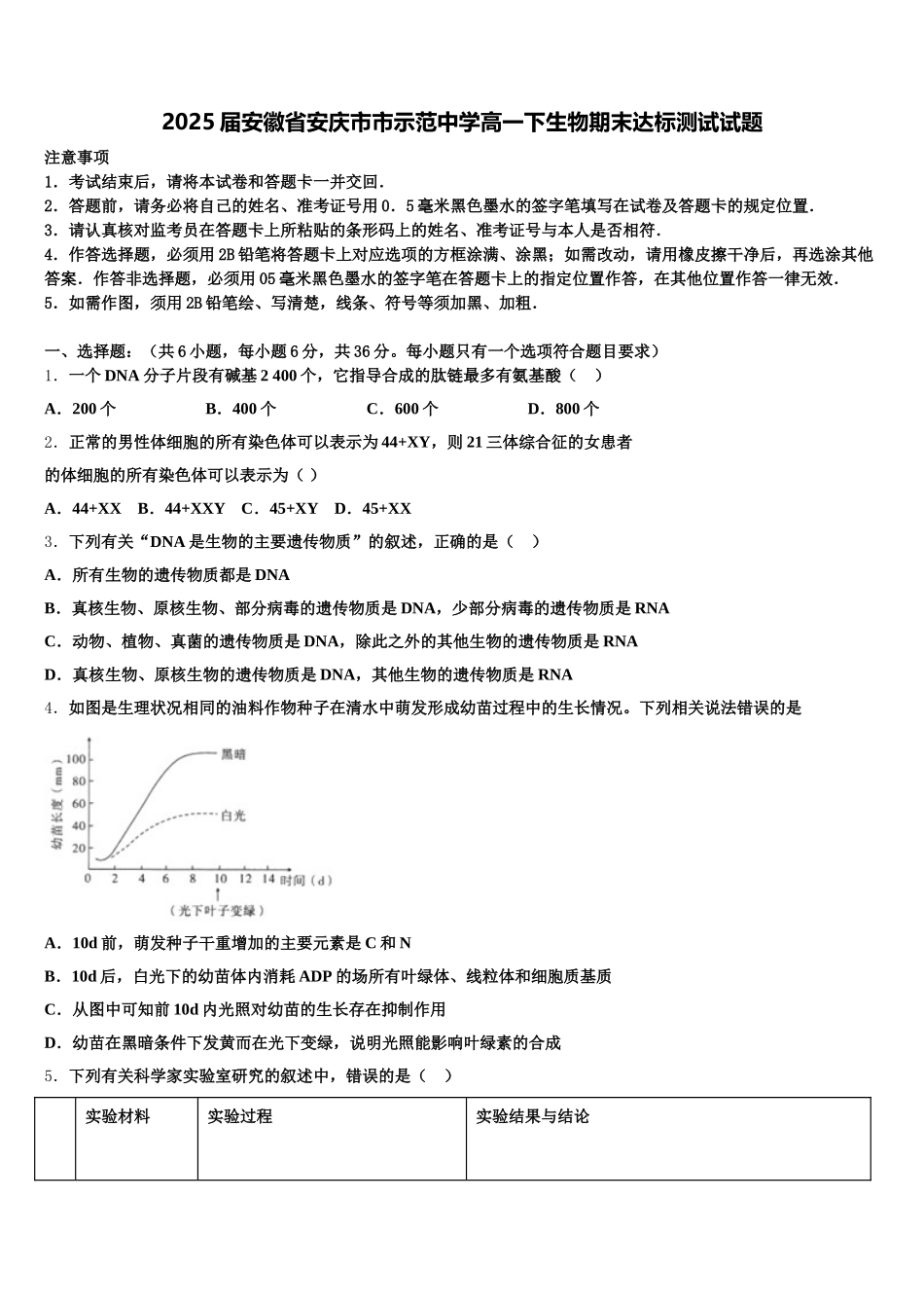2025届安徽省安庆市市示范中学高一下生物期末达标测试试题含解析_第1页