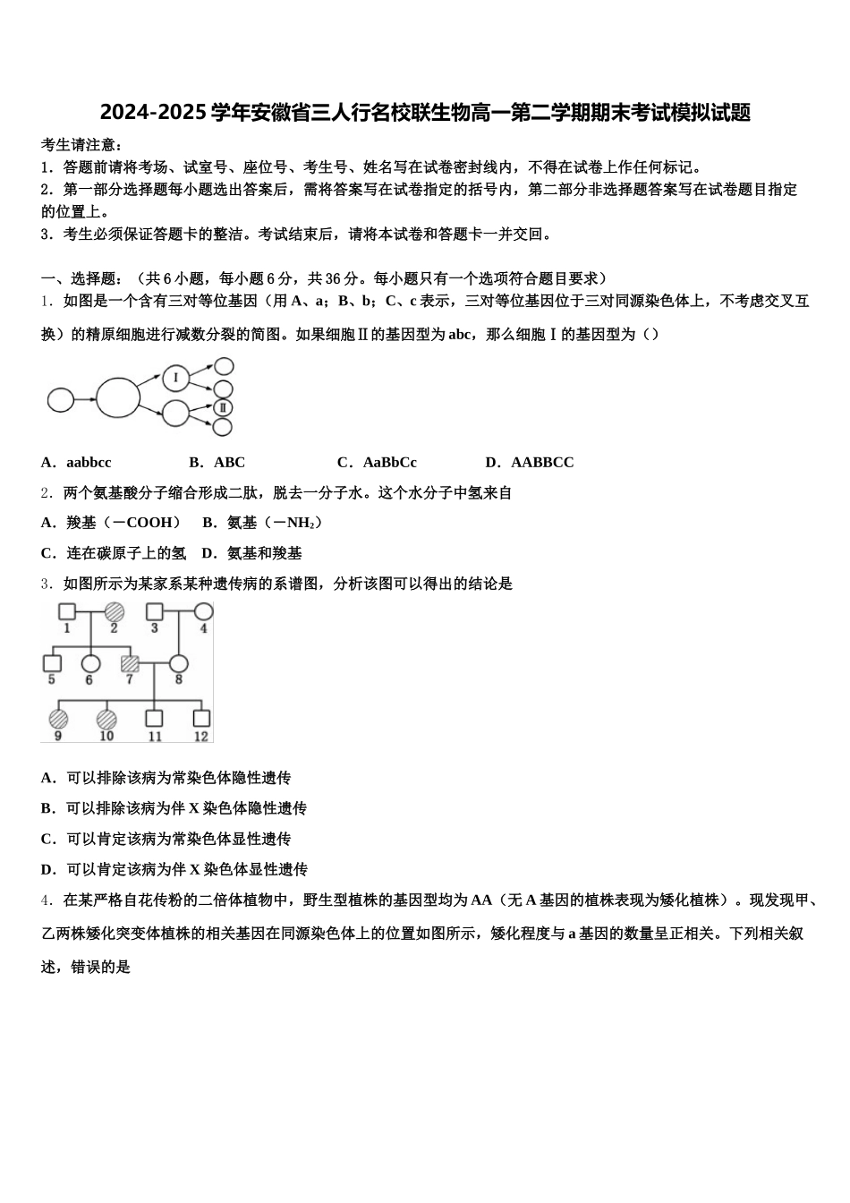 2024-2025学年安徽省三人行名校联生物高一第二学期期末考试模拟试题含解析_第1页