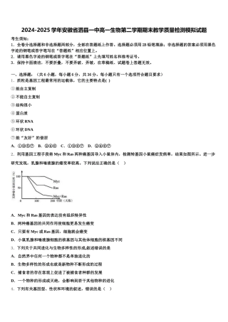 2024-2025学年安徽省泗县一中高一生物第二学期期末教学质量检测模拟试题含解析