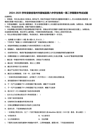 2024-2025学年安徽省亳州市蒙城县第八中学生物高一第二学期期末考试试题含解析
