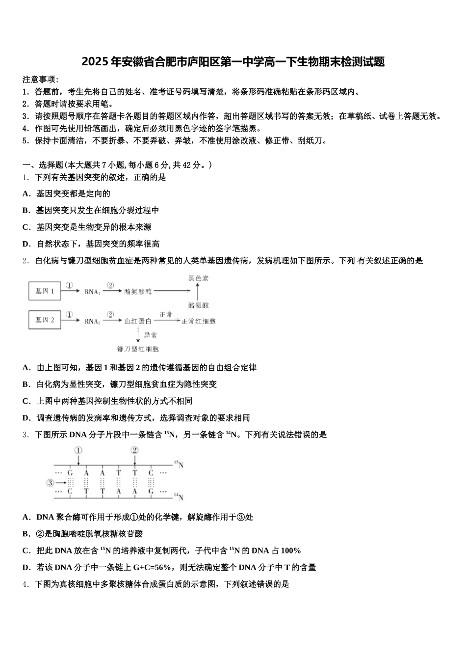 2025年安徽省合肥市庐阳区第一中学高一下生物期末检测试题含解析_第1页