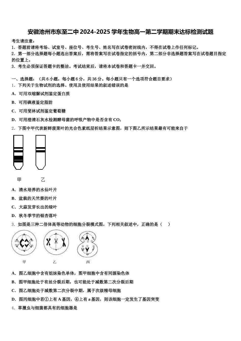 安徽池州市东至二中2024-2025学年生物高一第二学期期末达标检测试题含解析_第1页