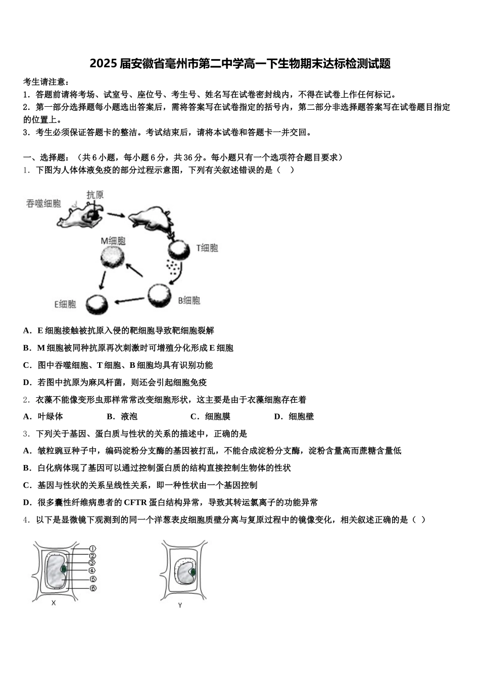 2025届安徽省毫州市第二中学高一下生物期末达标检测试题含解析_第1页