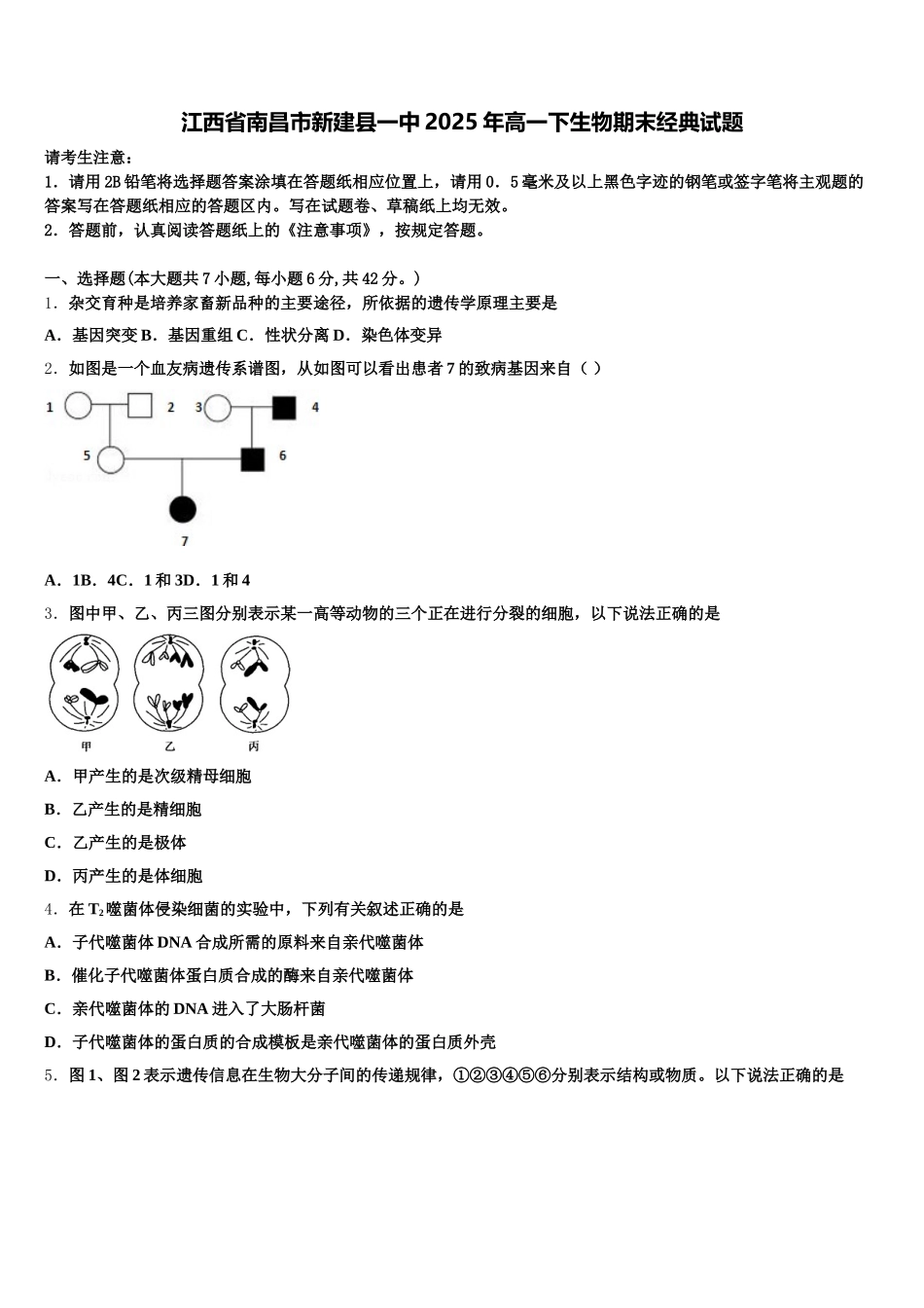 江西省南昌市新建县一中2025年高一下生物期末经典试题含解析_第1页