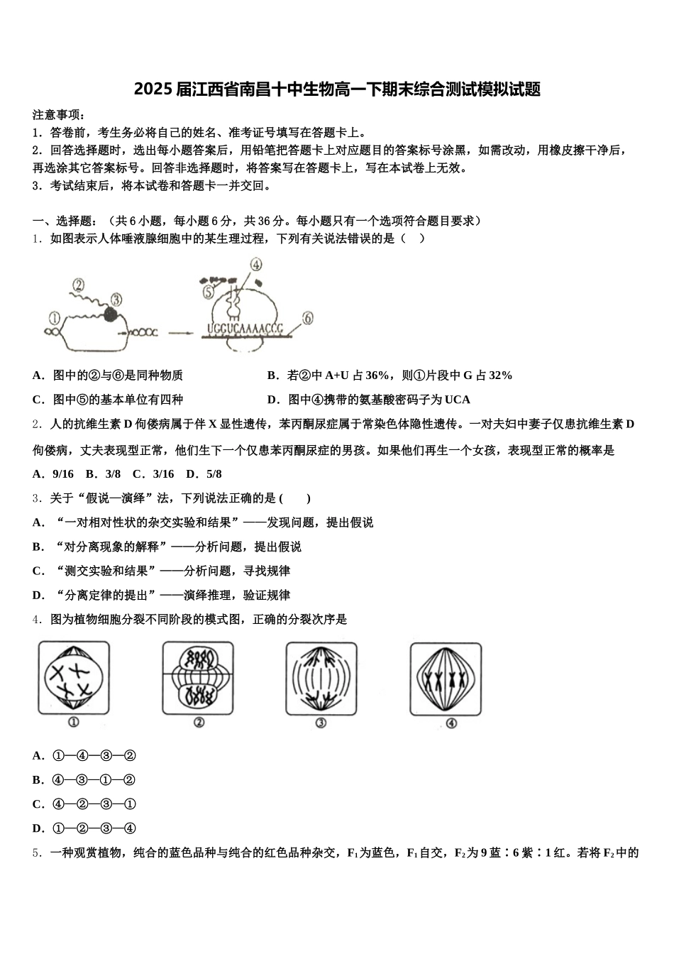 2025届江西省南昌十中生物高一下期末综合测试模拟试题含解析_第1页
