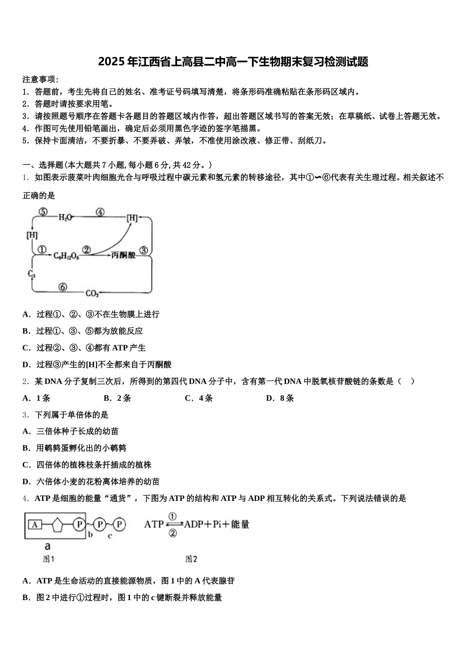 2025年江西省上高县二中高一下生物期末复习检测试题含解析_第1页