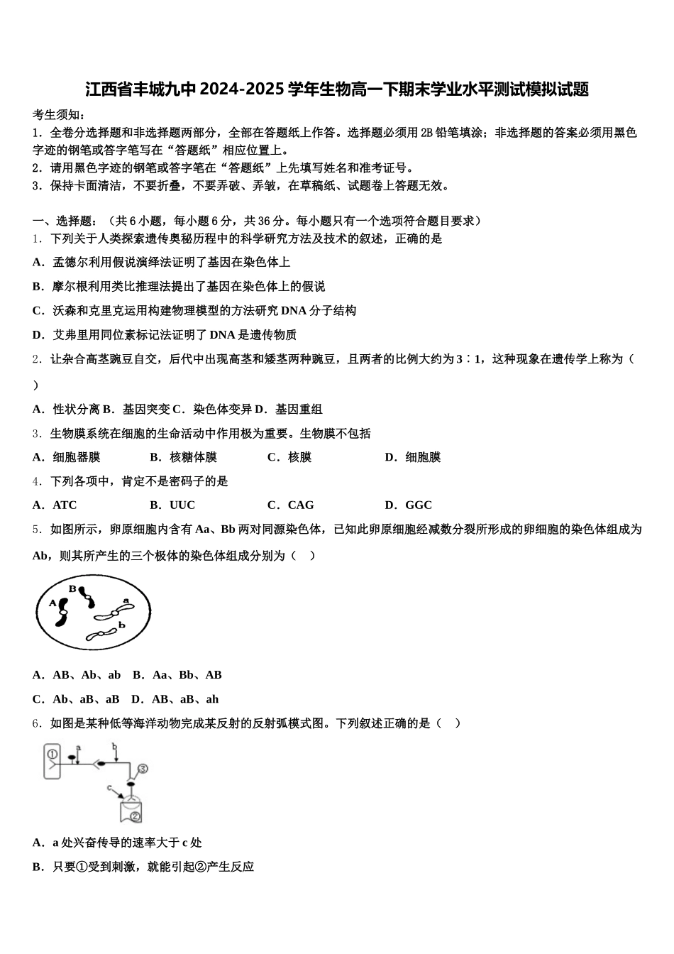 江西省丰城九中2024-2025学年生物高一下期末学业水平测试模拟试题含解析_第1页