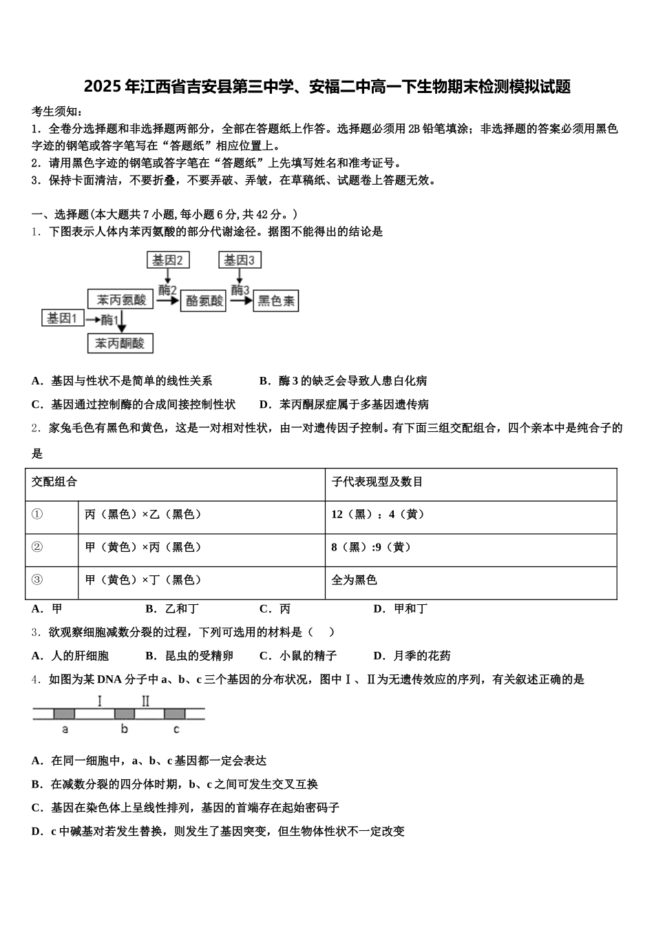 2025年江西省吉安县第三中学、安福二中高一下生物期末检测模拟试题含解析_第1页