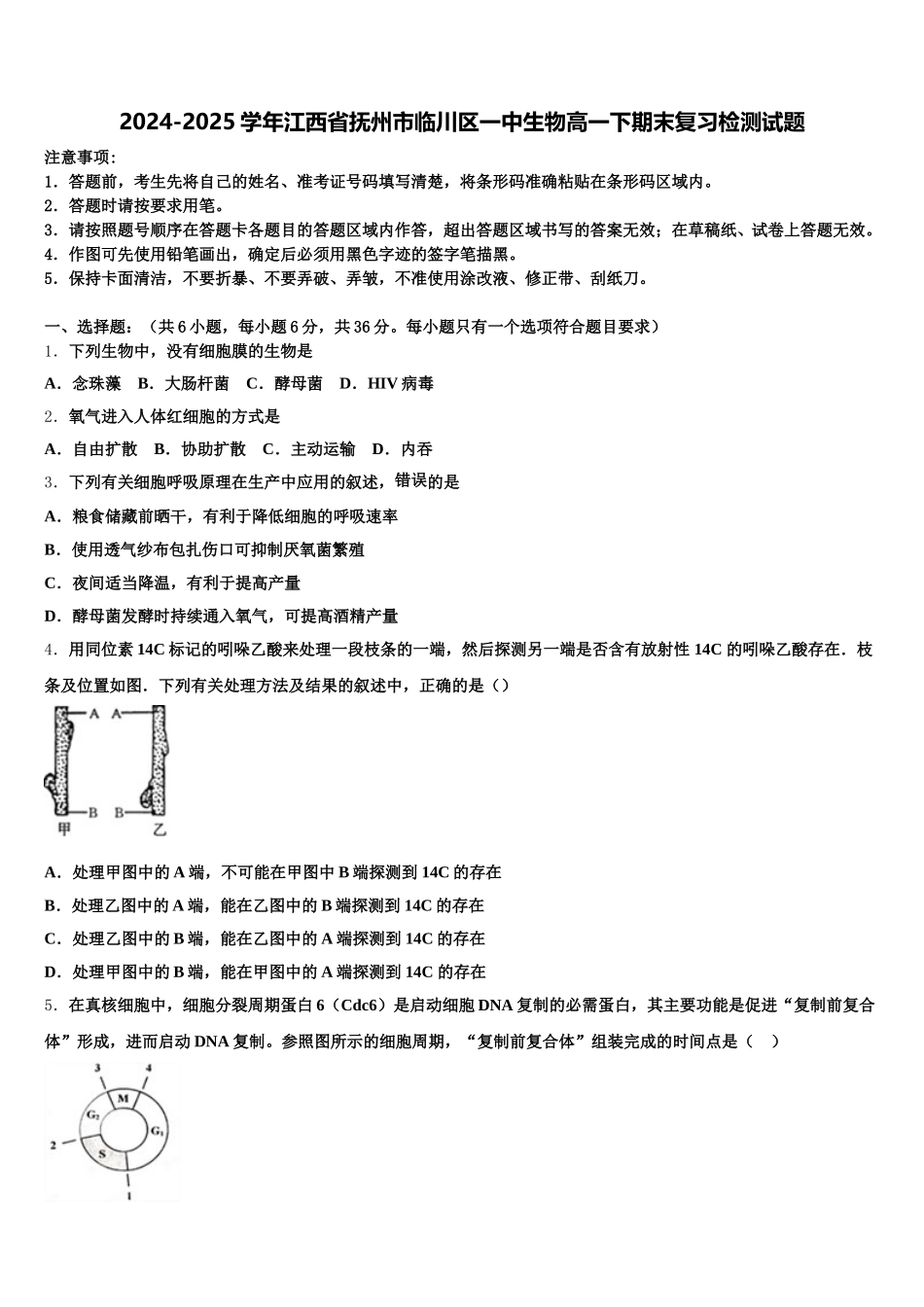 2024-2025学年江西省抚州市临川区一中生物高一下期末复习检测试题含解析_第1页