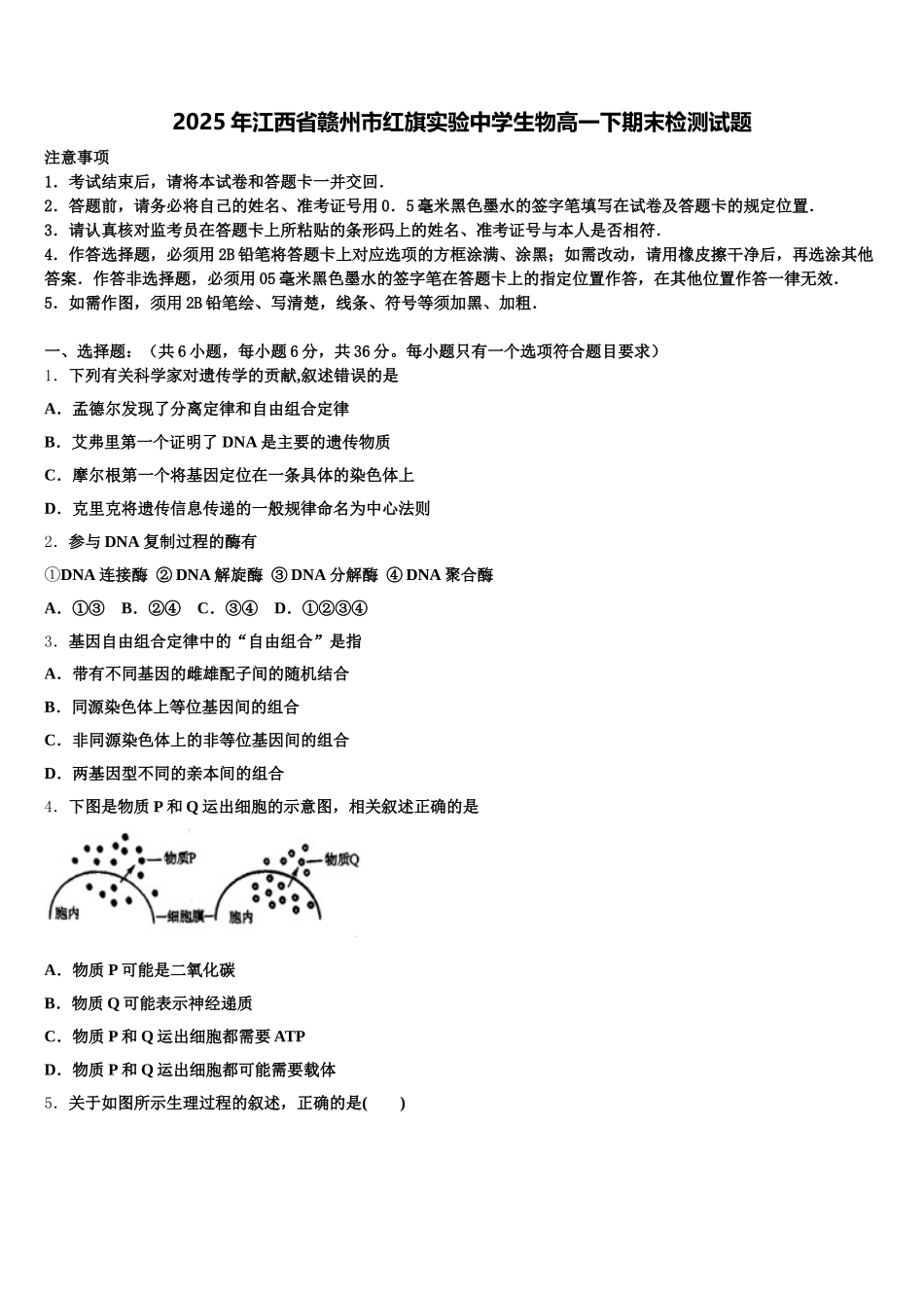 2025年江西省赣州市红旗实验中学生物高一下期末检测试题含解析_第1页