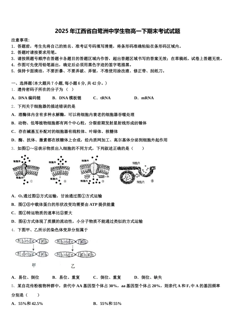 2025年江西省白鹭洲中学生物高一下期末考试试题含解析_第1页