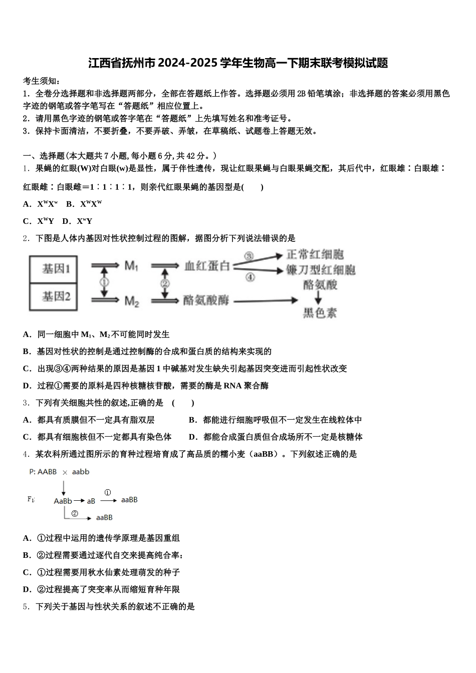 江西省抚州市2024-2025学年生物高一下期末联考模拟试题含解析_第1页