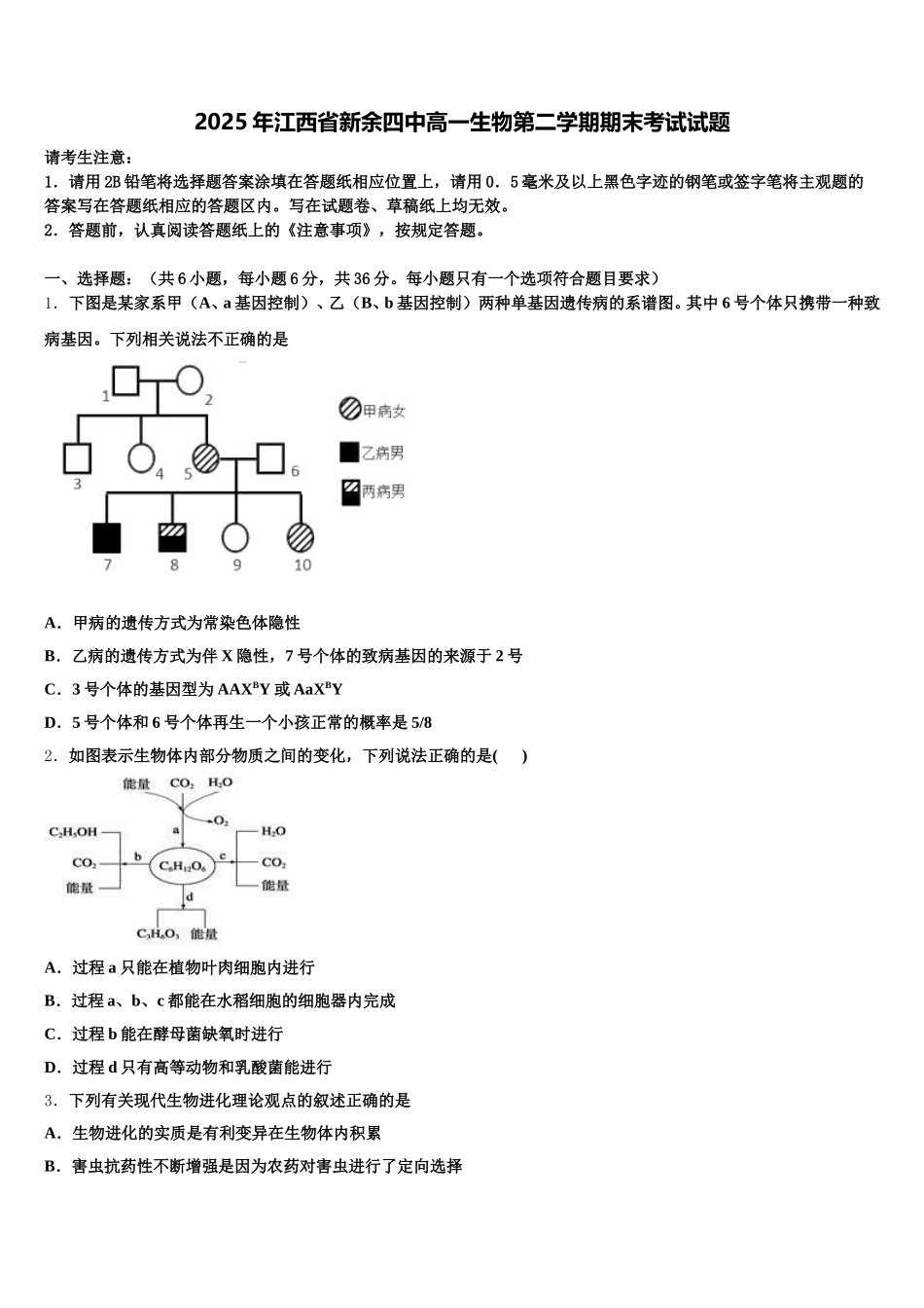2025年江西省新余四中高一生物第二学期期末考试试题含解析_第1页