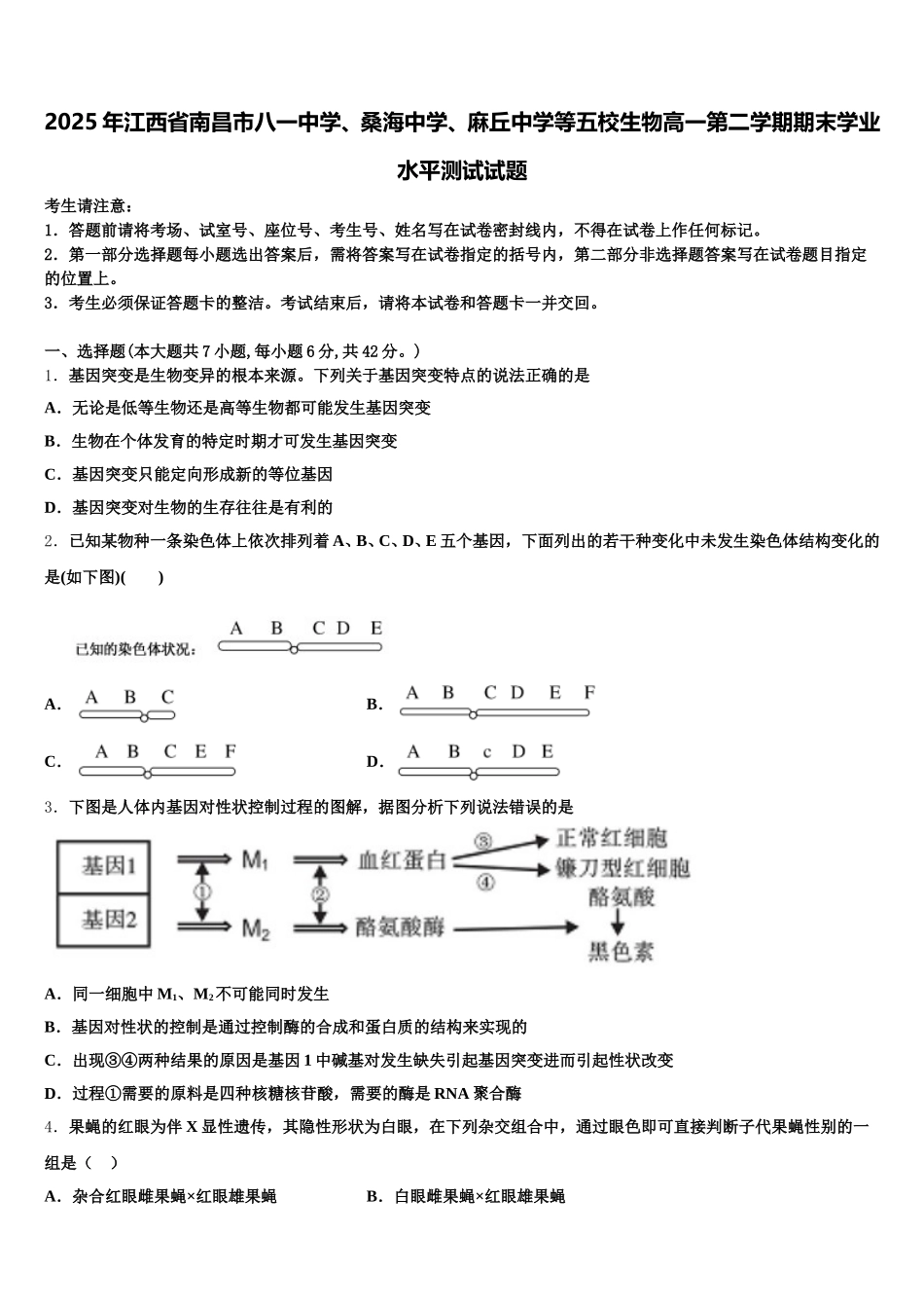 2025年江西省南昌市八一中学、桑海中学、麻丘中学等五校生物高一第二学期期末学业水平测试试题含解析_第1页