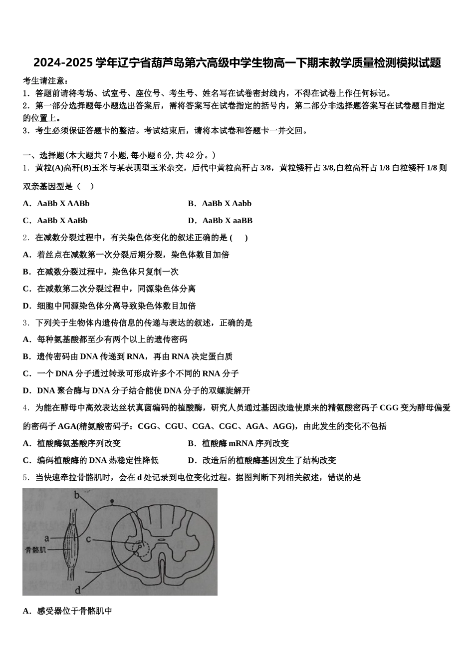 2024-2025学年辽宁省葫芦岛第六高级中学生物高一下期末教学质量检测模拟试题含解析_第1页