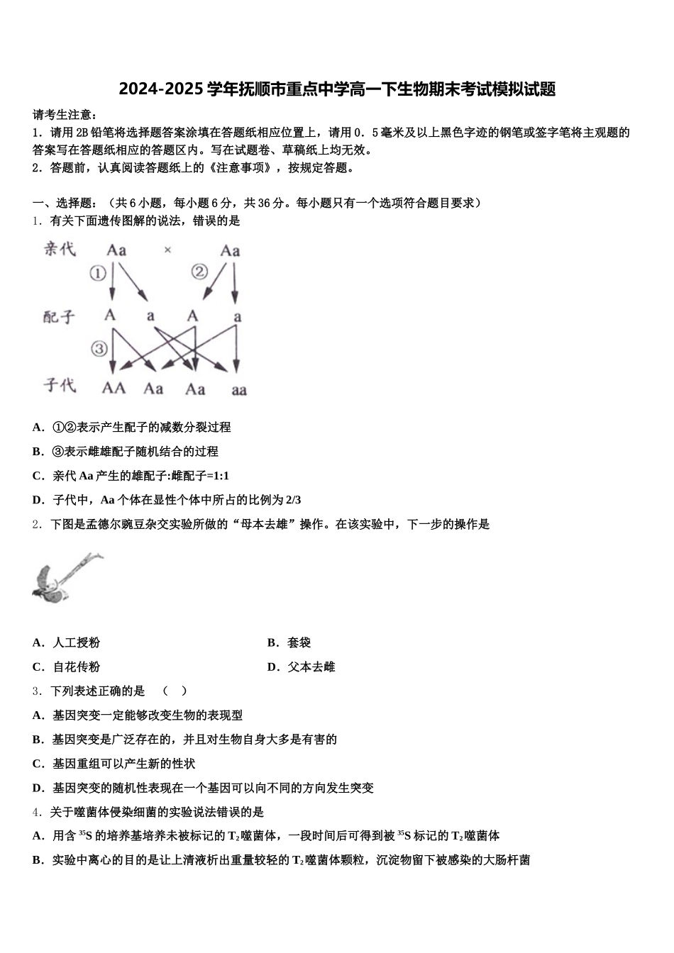 2024-2025学年抚顺市重点中学高一下生物期末考试模拟试题含解析_第1页