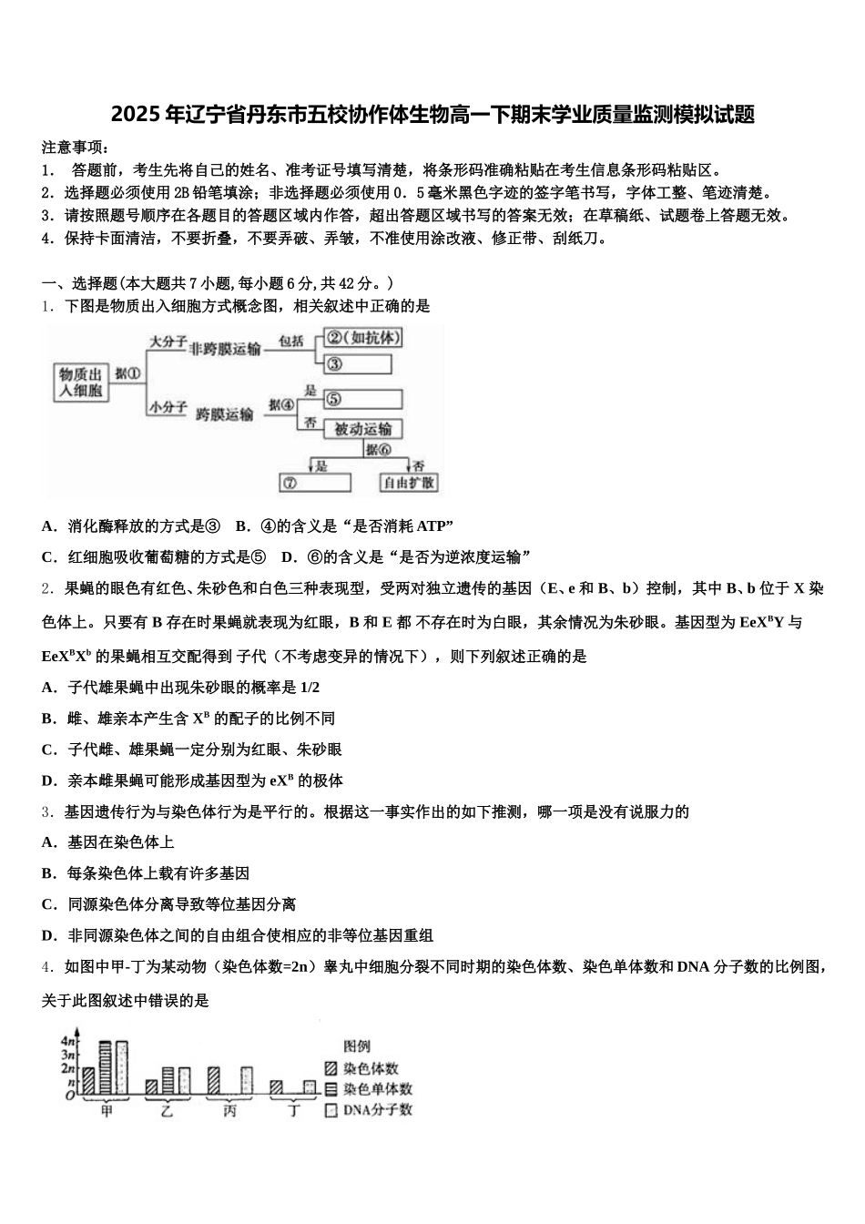 2025年辽宁省丹东市五校协作体生物高一下期末学业质量监测模拟试题含解析_第1页