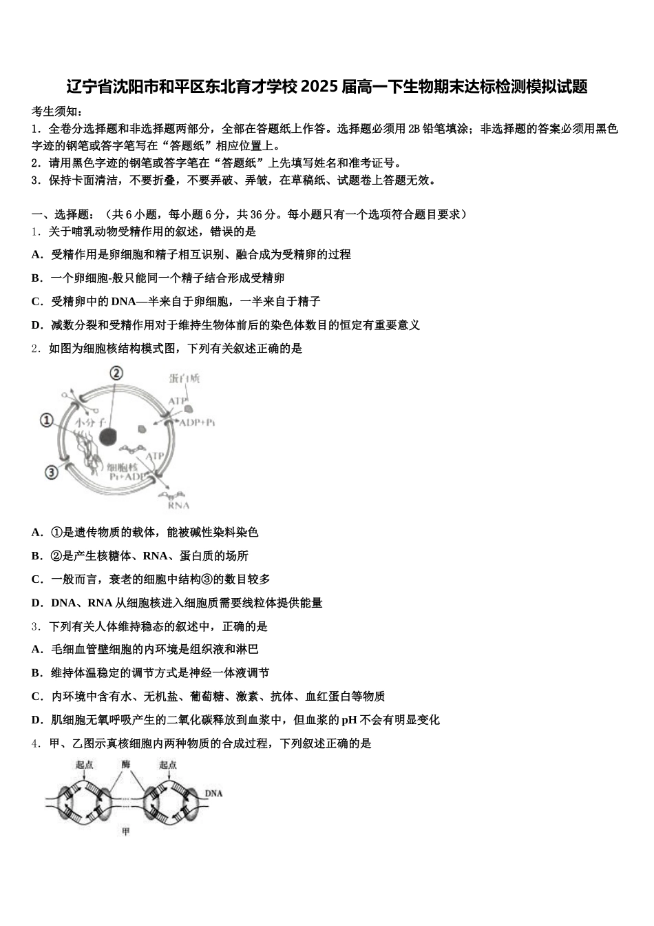 辽宁省沈阳市和平区东北育才学校2025届高一下生物期末达标检测模拟试题含解析_第1页